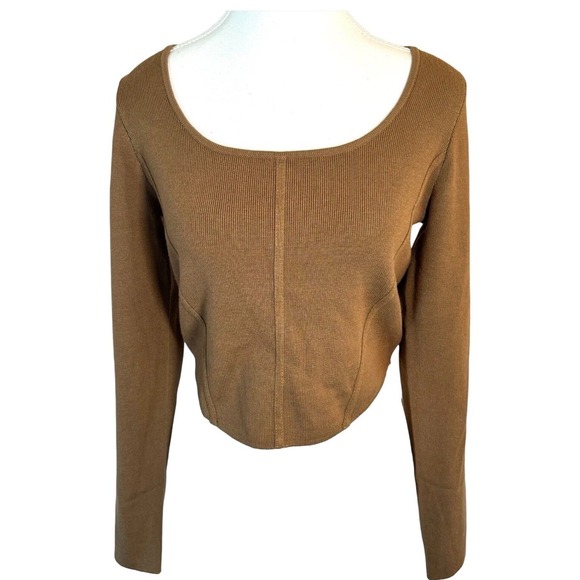 House of Harlow Large Brown Cropped Ribbed Knit Long Sleeve Top - Picture 2 of 12